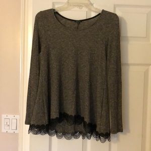 Grey long sleeve top with black lace trim